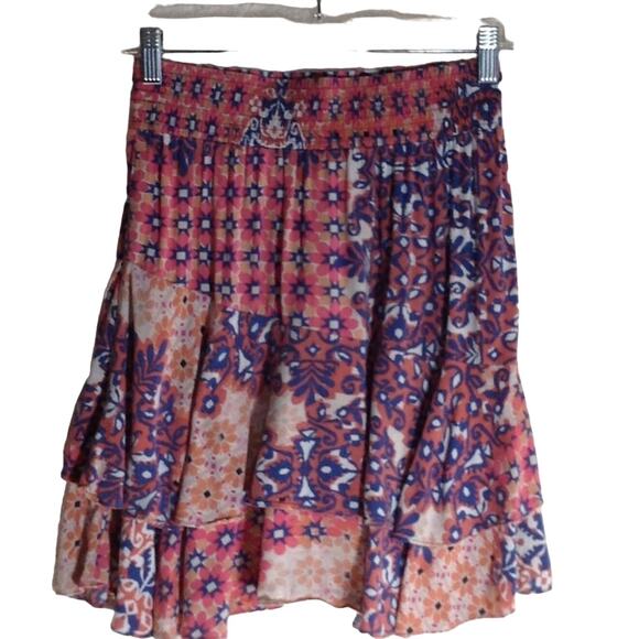 CAbi Isabel Patwork Boho Mini Skirt XS Pink Purple Asymmetrical Tiered Ruffled - Picture 3 of 14